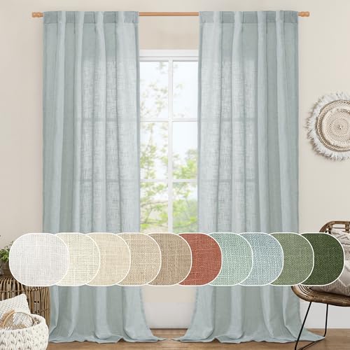 LAMIT Linen Blended Curtains for Bedroom, Faux Linen Textured Light Filtering Drapes Back Tab and Rod Pocket Boho Burlap Panels for Farmhouse/Living Room, 2 Panels, 38 x 84 Inch, Greyish Blue