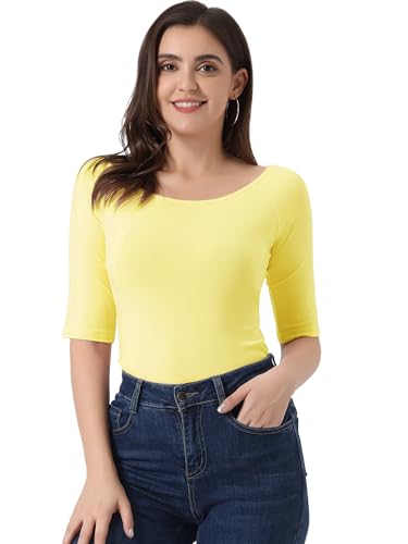 T-shirt doux Allegra K jaune clair en taille S avec manches mi-longues et col rond