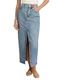 EXPRESS Women’s Maxi Denim Skirt – High Waisted Stretch Jean Skirt with Front Slit – Medium Wash