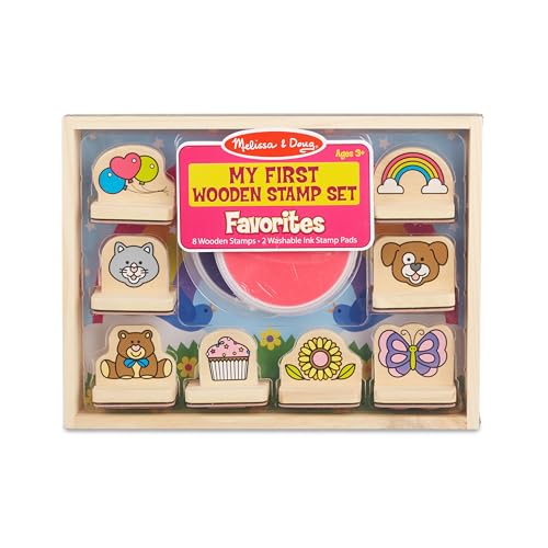 Image of Melissa & Doug My First Wooden Stamp Set Favorites (8 Stamps with Handles, 2 Washable Ink Pads) Wooden Kids Stamps with Handles Set, for Kids Ages 3+
