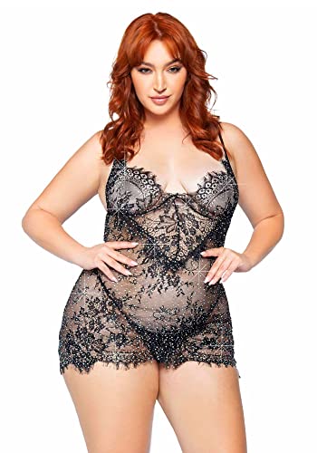 Leg Avenue 2 Pc Eyelash Lace Rhinestone Backless Mini Dress and G-String Ensemble de Lingerie, Noir, 1X/2X Femme