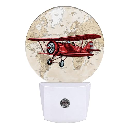 Image of Vintage Airplane Night Light World Map Night Lights LED Lamp Round Plug into Wall Nightlight with Dusk to Dawn Sensor Home Hallway Stairway Kitchen Decor