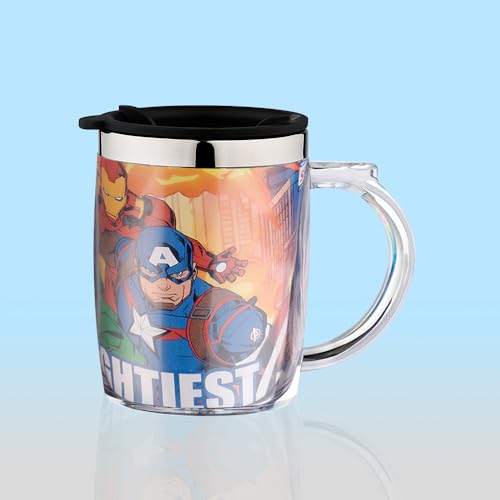 Image of SKi Homeware Double Wall Inner Stainless Steel Tea,Coffee, Milk Mug With Handle And Lid For Kids Cherry Mug (Avengers), 350 ML