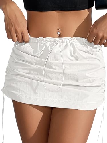 Mini Cargo Skirts for Women with Pockets Y2K Skirt Trendy Summer Low Waist Side Drawstring Short Skirt White Small