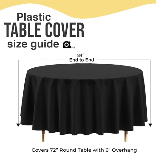 Image of Exquisite 66% Thicker Premium Black Round Tablecloths Plastic Table Cloth Disposable 48 Pack 84 inch Round Table Cloth Disposable Black Tablecloths Won't Tear Easily Like Cheap Thin Brands | Plastic Tablecloth, Disposable Table Covers Round for Parties, Weddings, Holidays & Party Supplies