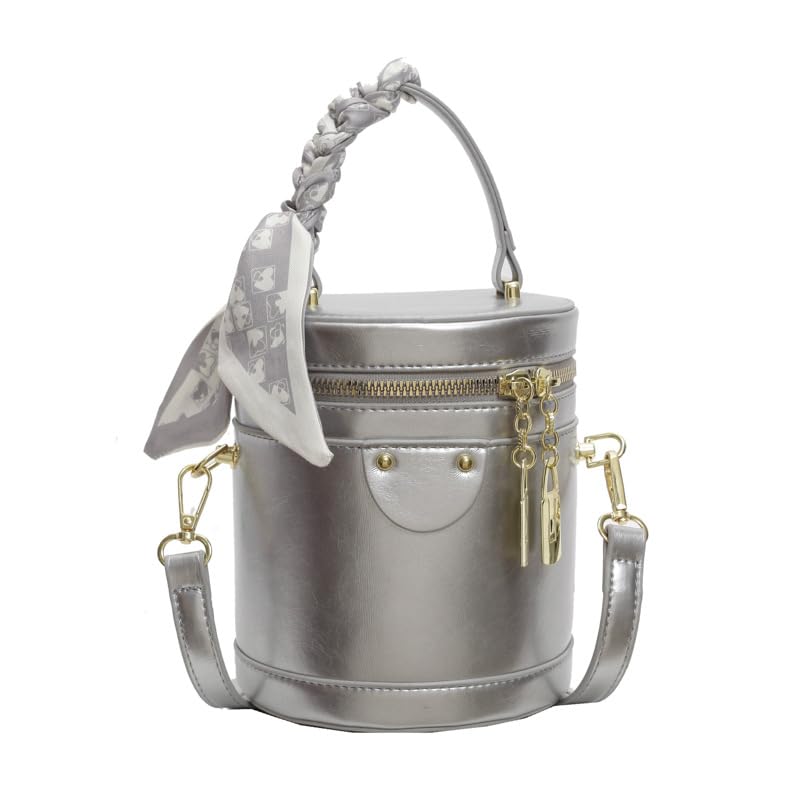 Cylinder Crossbody Bucket Bag for Women Vegan Leather Retro Handbag Small Top Handle Casual Purses Shoulder