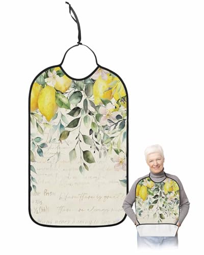LEOKOTI Summer Lemon Adult Bibs for Eating, Waterproof Bibs with Food Catcher & Adjustable Snap Closure, Spring Eucalyptus Leaves Botanical Vintage Washable Clothing Protectors Adult Bibs for Elderly