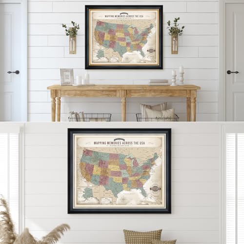 Image of DECORARTS - Personalized Push Pin Travel Map USA, Custom Name, Pin Board Canvas Wall Art, Soft Vintage Pastel United States Decor, Optional Wood Frame, Giclee Print, Handcrafted in USA, 20x16''