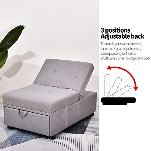 URRED Convertible Chair Sleeper Bed, Folding Ottoman Sleeper Guest Bed 4 in 1 Multi-Function Adjustable Linen Fabric Futon Chair with Lumbar Pillow Gray (Gray)