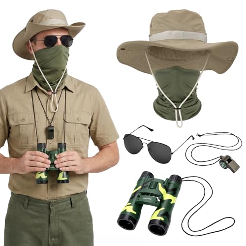 SelfTek Safari Kostüm Herren - 5 Stück Outdoor Accessoires mit UV Schutz Sonnenhut Herren Faltbar Fernglas Atmungsaktive Maske Sonnenbrille Pfeife Safarihut für Wanderhut Tropenhut Outdoor Party
