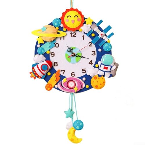 Lecreatekit Reloj de pared interactivo de dibujos animados hecho a mano divertido para enseñar tiempo en habitaciones infantiles (E)
