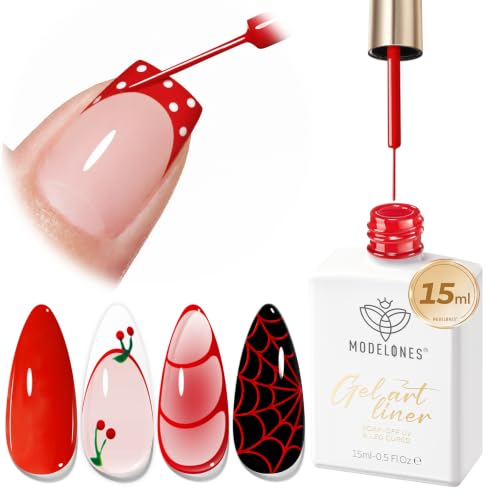 Image of modelones Red French Tip Liner Gel Polish 15ml Built-in Fine Brush | Bright Apple Red Nail Art Gel Paint Swirl Fine Line Design Easy Draw Long Lasting Soak Off U V Cure DIY Home Salon Manicure