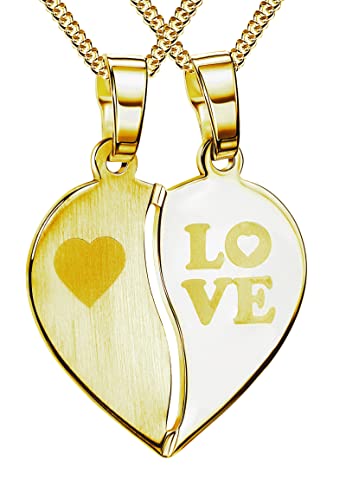 Colgante doble chapado en oro con forma de corazón para parejas, con estuche y certificado, Chapado en oro con 2 cadenas Cover