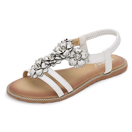 HPLY Women's Summer Beach Bohemia Sandals Crystal Flat Sandals (White,US 10)