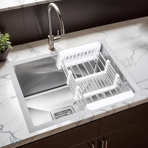 Image of Ruhe Handmade Exclusive Single Bowl 18x16 x10 inches Kitchen Sink | Premium Stainless Steel Single Bowl Kitchen Sink | with Brushed Matte Finish Including Strainer-Basket /Sink Coupling /Waste Pipe