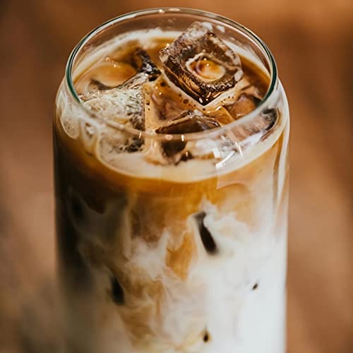 [ 4 Pcs Set ] Glass Cups With Bamboo Lids And Glass Straws - 16 Oz Beer Can Shaped Drinking Glasses,Iced Coffee Cup,Glass Tumbler With Straw And Lid Ldeal For Smoothie,Tea,Whiskey,Water,Gift #TOP5