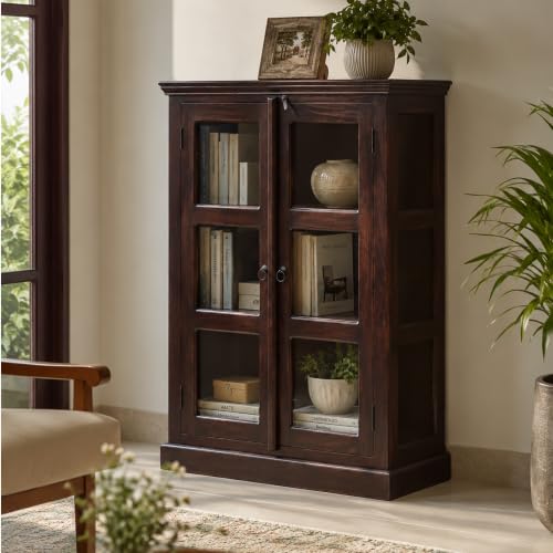 Image of SONA Art & Crafts Wood Crockery Cabinet with Glass Door | Wooden Showcase Almirah | Book Shelf Crockery Unit for Home & Kitchen Living Room - (Walnut)
