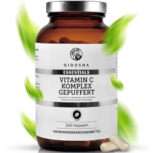 QIDOSHA® Vitamin C Komplex gepuffert plus Bioflavonoide, 240 Kapseln im Apothekerglas, Vitamin C 1000mg, Vit C gepuffert mit Bioflavonoiden aus der Biotterorange, vegan