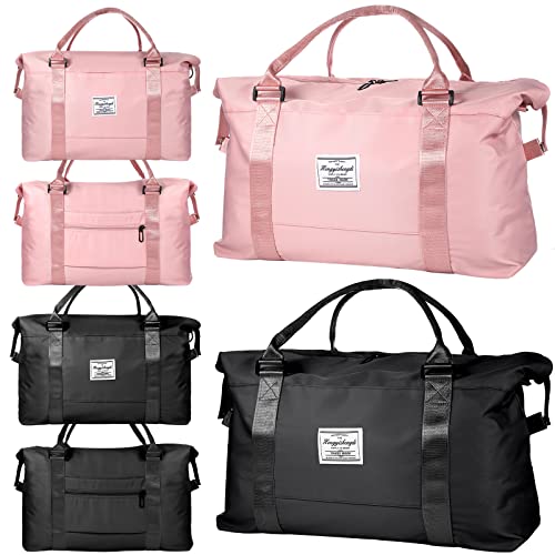 Image of Weewooday 2 Pack Travel Bags for Women, Weekender Carry on Cute Duffel Bag Workout Waterproof Sports Tote Shoulder Overnight with Dry Wet Separation Pocket (Pink, Black)