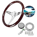 Donpida 380MM 15' Wooden Steering Wheel with Horn Button Kit - Classic Wood Grain Steering Wheel - Nostalgia Hollow-Carved 3 Hole Style.