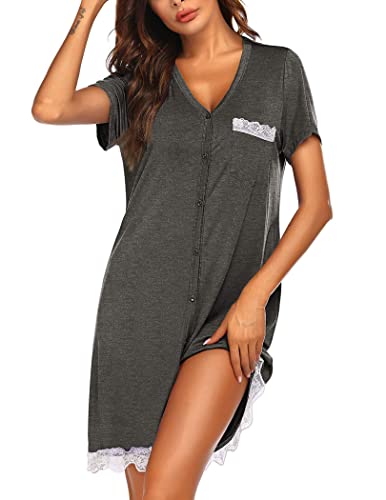 Ekouaer Camisón de Maternidad Camisones Embarazadas Sexy Ropa para Dormir Lactancia Manga Corta Camison Encaje Cuello en V, Gris Oscuro, S