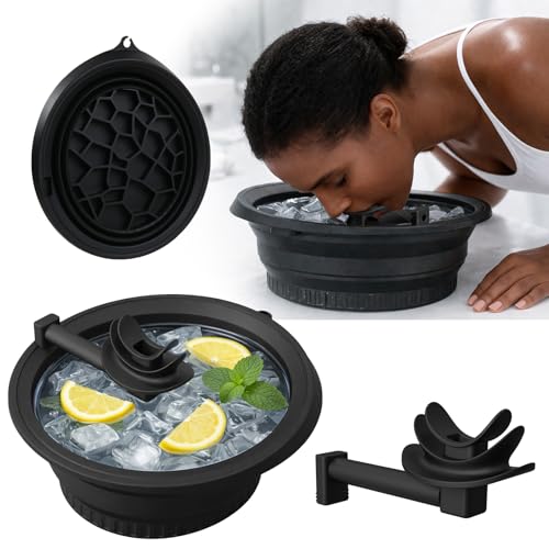 Face Bowl for Ice with Built-in Ice Tray & Breathable hose Foldable Silicone Facial Ice Bath Bowl Portable Spa Tool Perfect for Home Use Camping Travel (Black)