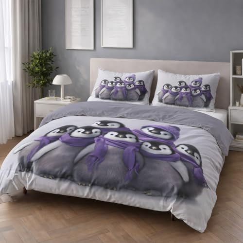 Ensembles de réversible housse de couette violette aux manchots douillets - 3
