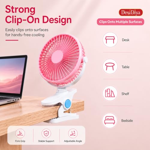 Image of Desidiya USB Rechargeable Clip Fan, 2 Speed Portable Desk Fan, Pink | Rechargeable clip-on fan with 2 speeds, adjustable tilt, quiet airflow and portable design for home, office & travel.
