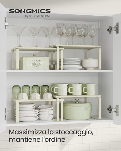 SONGMICS Scaffale Portaspezie, Set di 2 Organizzatori da Cucina Espandibili, Scaffale da Cucina Impilabile, Metallo e Legno Ingegnerizzato, Bianco Crema KCS002W02 - Immagine 2