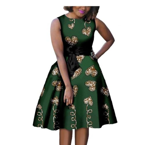 African Dresses for Women Ankara Print Sleeveless A-line Dress with Belt Dashiki Casual Party Wedding