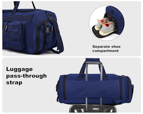 Image of LHI 50L Tactical Duffle Bag for Men, 3-in-1 Gym Duffle and Backpack, Shoe Compartment, Laptop Sleeve and MOLLE, Carry-On Travel Weekender and Overnight Bag - Blue