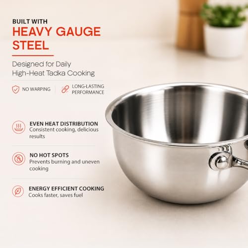 Image of Shri & Sam Everyday 11cm /300ml Tri-Ply Stainless Steel Tadka Pan with Stand-Handle | Gas & Induction Compatible | Heavy Gauge | Long Wire Handle for Cool Grip