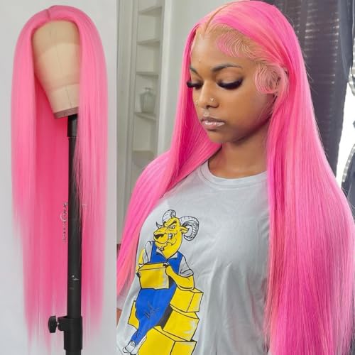 Aubree Pink Synthetic Lace Front Wigs Hot Pink Long Straight Wig Pastel Pink Pre Plucked Natural Looking Heat Resistant Fiber Wig for Black Woman Peluca Christmas Gift
