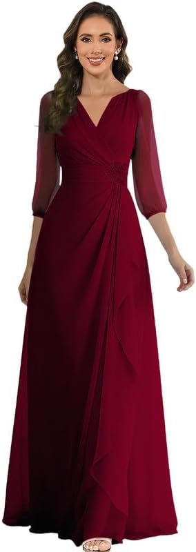 Women's Chiffon Mother of The Bride Dresses Long Sleeve Ruched A Line Ruffles Formal Evening Dress
