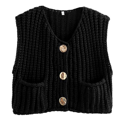Ainangua Sleeveless Cropped Cardigan for Women Casual Chunky Knit Tank Tops Button Down Open Front Sweater Vest with Pockets X-Small Black