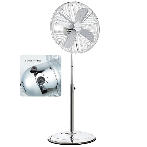 Meown 16 Chrome Pedestal Fan Quiet Standing Floor Fan with Adjustable Height to 140cm 3-Speed Oscillating Cooling Tilting Head UK 3-Pin Plug Ideal for Bedroom Home Office Use