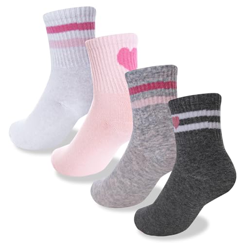 4 Pack Girls Athletic Crew Socks Kids Soft Cotton Navy Socks Hearts Stripes for School Uniform Dress