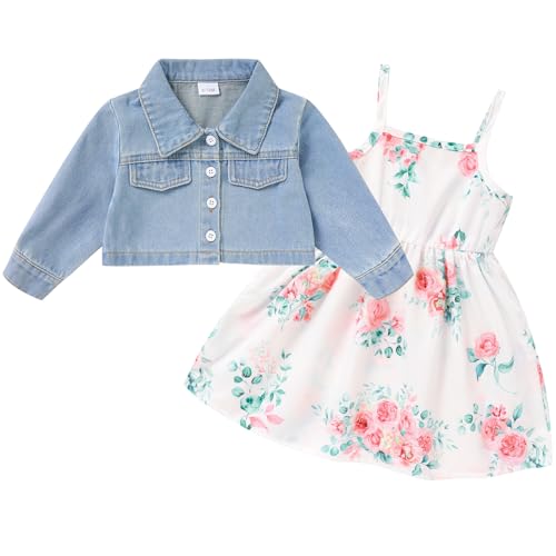 Image of Baby Girls Floral Suspender Dress & Long-Sleeved Toddler Girl's Lovely Denim Jacket Outfit Cardigan Set