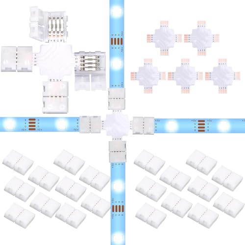 SHAOYAYAZHANG 8mm 4pin RGB Rope Lights Connectors for 3528 2835,10x X- Board Angle for Strip Lights,20x Solderless Gapless Adapter Terminal Extension Connection Connector