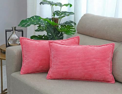 Image of RD TREND Corduroy Cushion Cover Set of 2, Striped Double Sided Decorative Throw Pillowcases for Sofa, Bed & Living Room Rectangular Long Cushion Covers 18x28 inches | Salmon