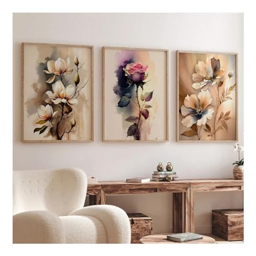 Tableau beige fleur dorée triptyque 75x100cm pour décoration salon