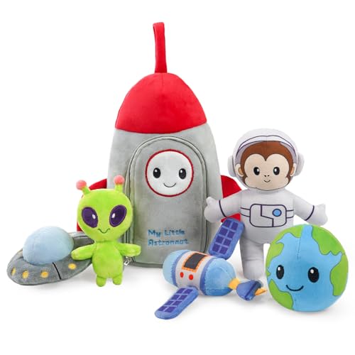 JUSTQUNSEEN Stuffed Plush Astronaut Kit for Baby Toddler 6-Pcs My Little Astronaut Playset Sensory Pretend Play Toy with Rocket Bag/Monkey AST ronaut/Alien Boy Girl Infant Newborn Gifts