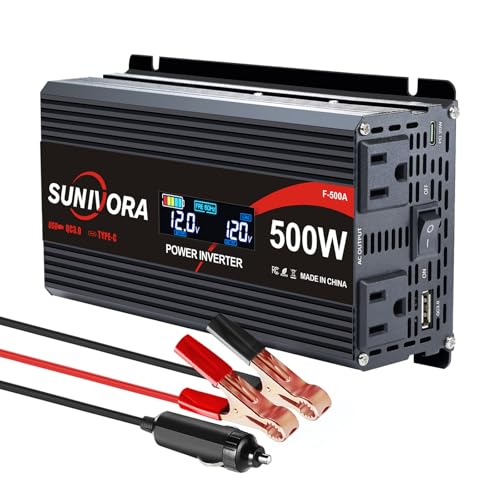 Image of Sunivora 500 Watt Inverter with LCD Display 12V DC to 110V/120V AC 1000 Watt(Peak) Car Power Inverter with 2 AC Outlets 20W PD USB-C and 18W QC USB-A Power Converter for Car, Laptops, Road Trip