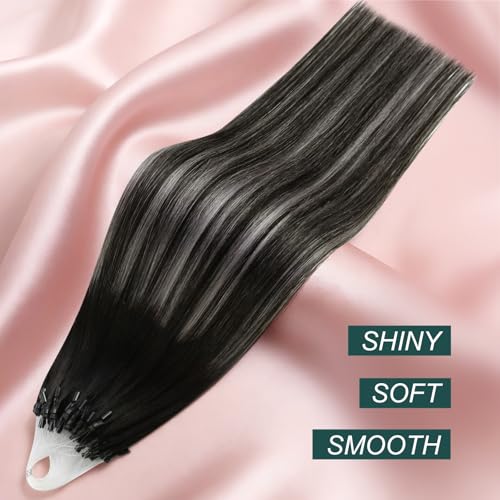 Image of Easyouth 18In Micro Loop Hair Extensions Real Human Hair Ombre, Lightweight | Micro Ring Hair Extensions Human Hair, Black Ombre Silver with Off Black Balayage, 57g 50s, for Women, for Photoshoots