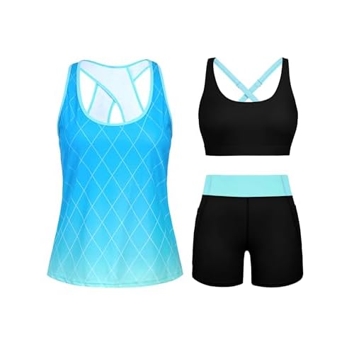 HUSKARY 3 Piece Tankini Swimsuits for Women Swim Tank Top with Bra and High Waist Boy Shorts with Pockets Blue Oblique Stripes Small