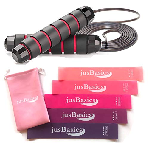 JusBasics Resistance Loop Band set + Jump Rope,Adjustable Jumping Rope and Latex Workout Band for Home Fitness, Exercise Bands,Strength & Speed Training for Women Men, Workout Bands, Pilates Flexbands