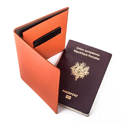 Maroquinerie de Luxe - Etui Porte Passeport : Cuir Veau grainé Orange. Protège Passeport Cover
