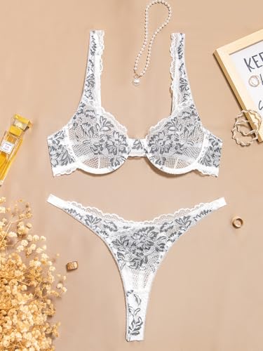 Image of Lilosy Sexy Floral Lace Scallop Underwire Push Up Sheer Lingerie Set Outfits