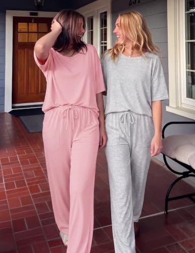 Image of Ekouaer 2 Pack Womens Pajamas Sets Short Sleeve Long Pants Pjs Lounge Set