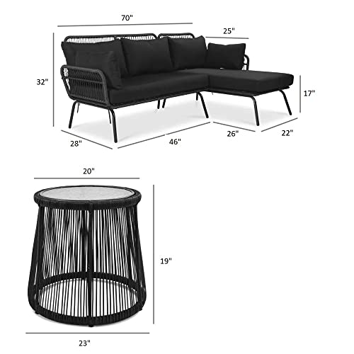 Image of DEVOKO 3 Piece Patio Conversation Set L-Shaped Sectional Sofa with Thick Cushions and Glass Top Coffee Table for Garden, Pool, Balcony (Black)